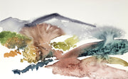 10” x 16" original watercolor abstract landscape painting of foggy autumn mountains in an expressive, loose, watery, minimalist, modern style by contemporary fine artist Elizabeth Becker.